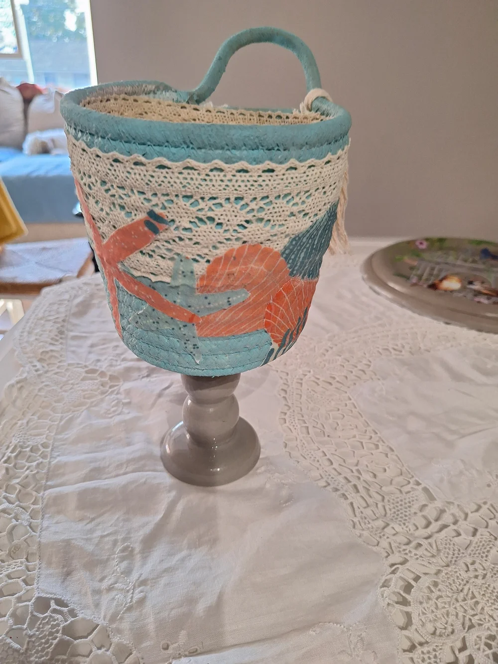 Seashell Fabric Storage Basket with Turquoise & Coral Accents